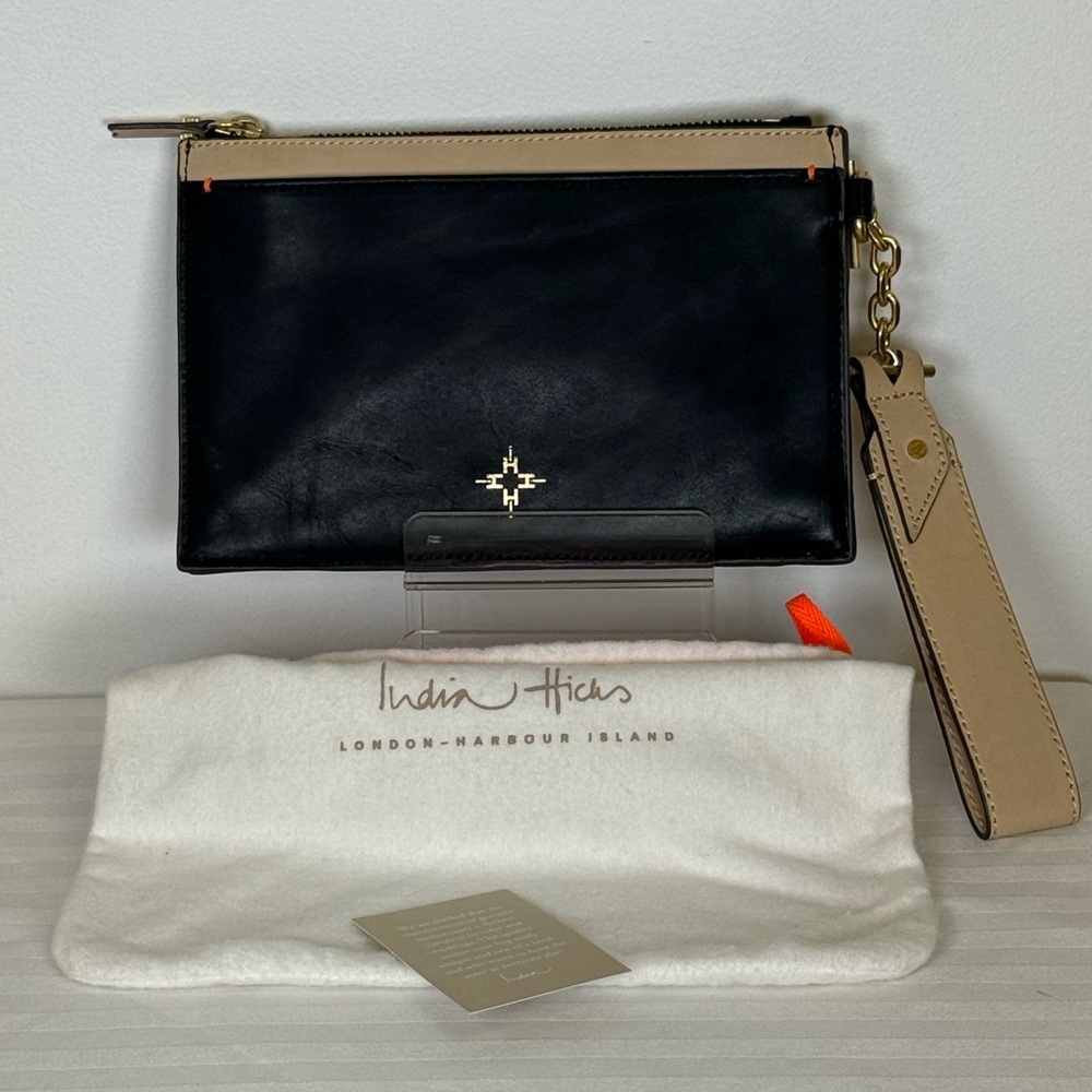 India Hicks ‘Carmen’ Black & Tan Leather Clutch With Tan Leather Wristlet Strap - Picture 11 of 14